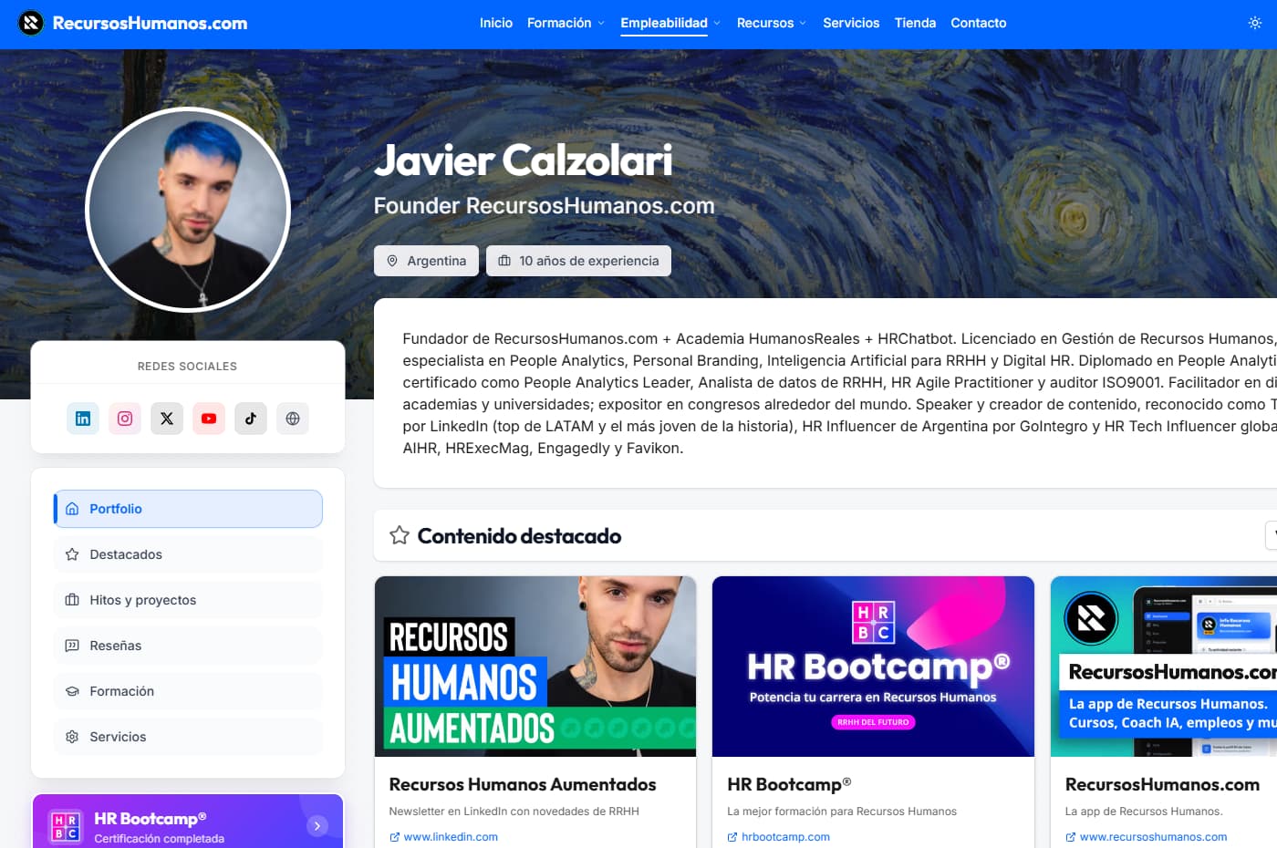 Vista del portfolio profesional en RecursosHumanos.com