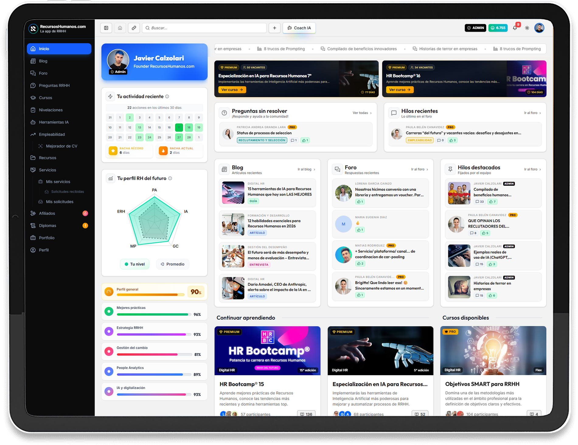 Mockup de la app en una tablet